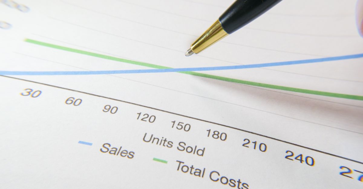 A pen pointing to a financial graph showing sales and total costs.