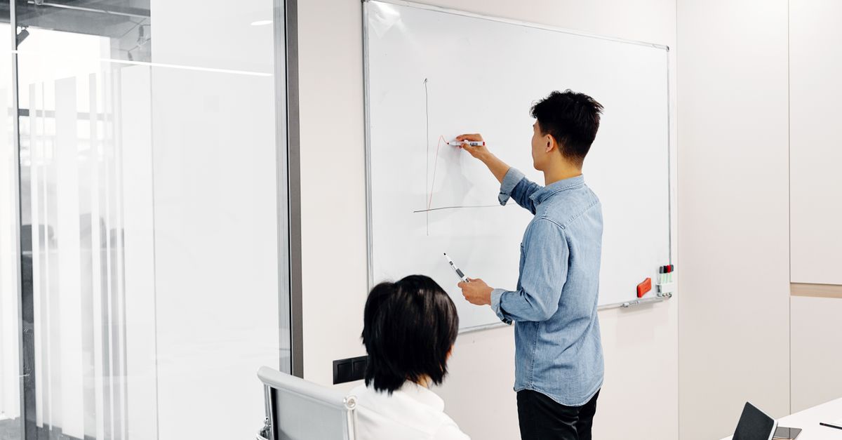 Business professional drawing graph during office presentation with colleague
