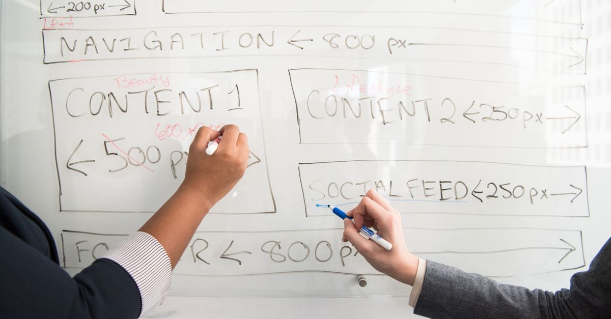 Two people collaboratively planning on a whiteboard with creative strategy.