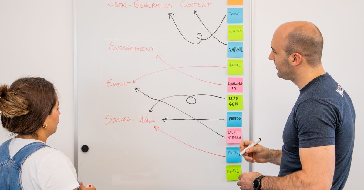 Two colleagues brainstorm ideas on a whiteboard during a creative strategy session.
