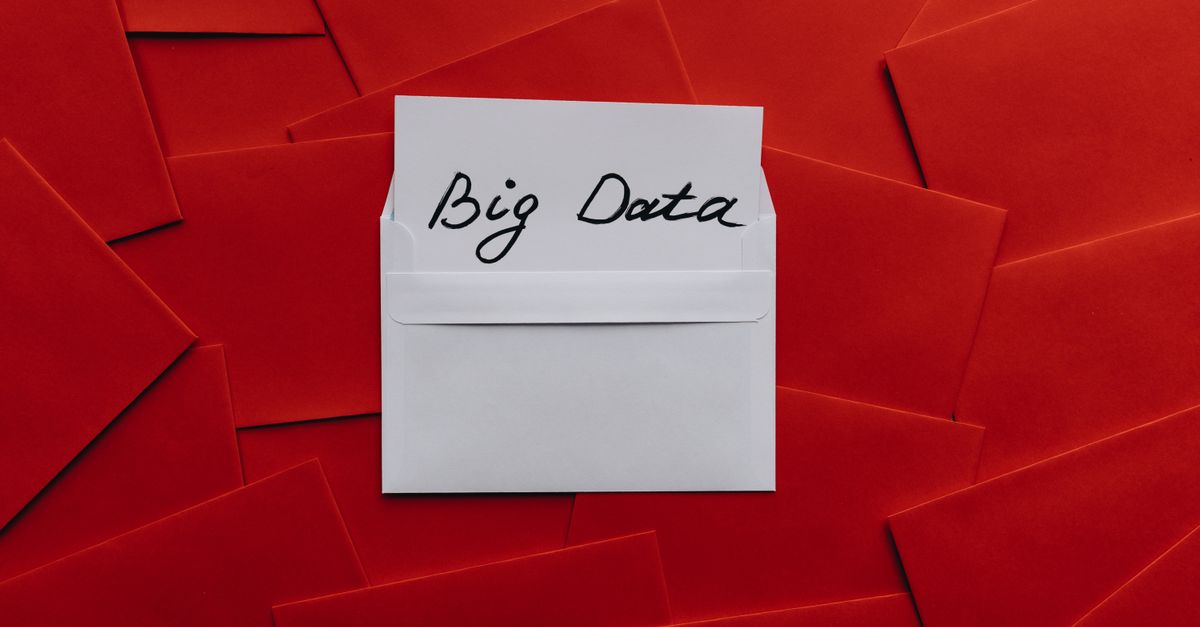 White envelope with 'Big Data' text on red envelope background. Conceptual digital imagery.