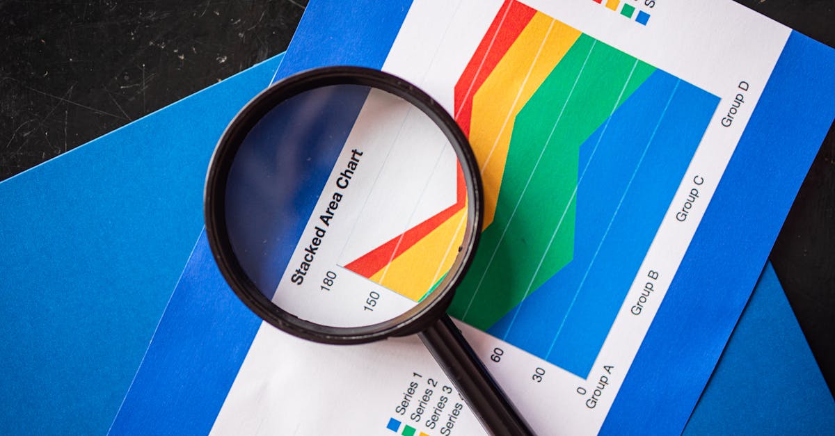 Magnifying glass highlighting stacked area charts for business analysis.
