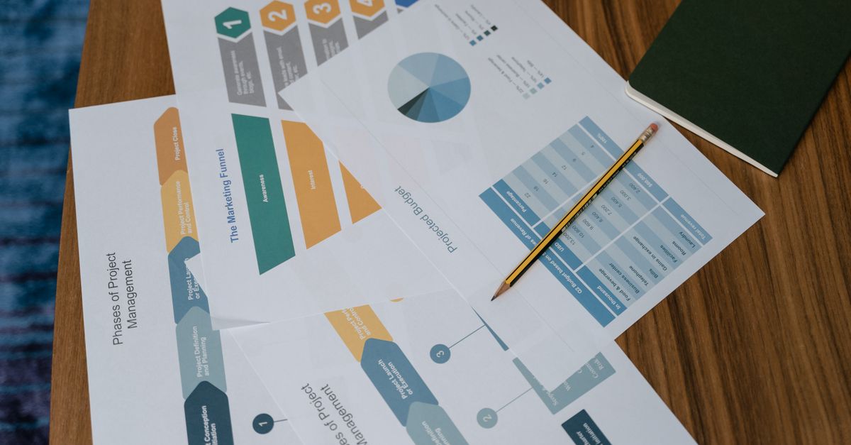 Overhead view of project management documents and charts on a desk with a pencil.