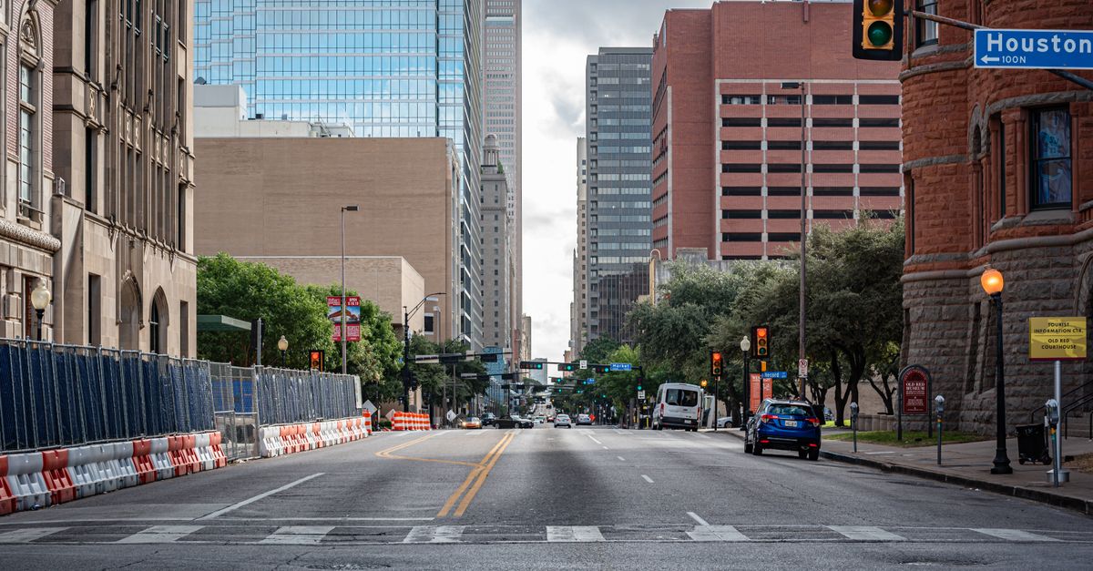 Street view of downtown Dallas, Texas showcasing urban architecture and cityscape.