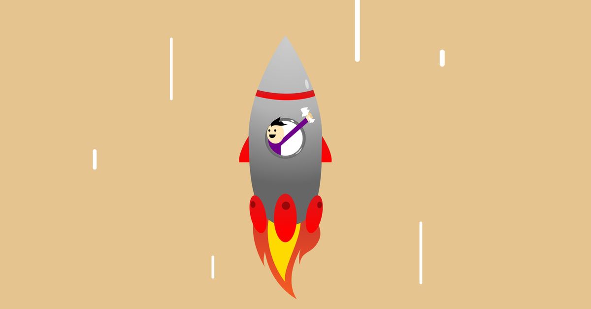 Vector illustration of happy businessman with raised hand in flying rocket after successful startup